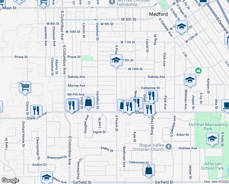 map of restaurants, bars, coffee shops, grocery stores, and more near 818 South Peach Street in Medford