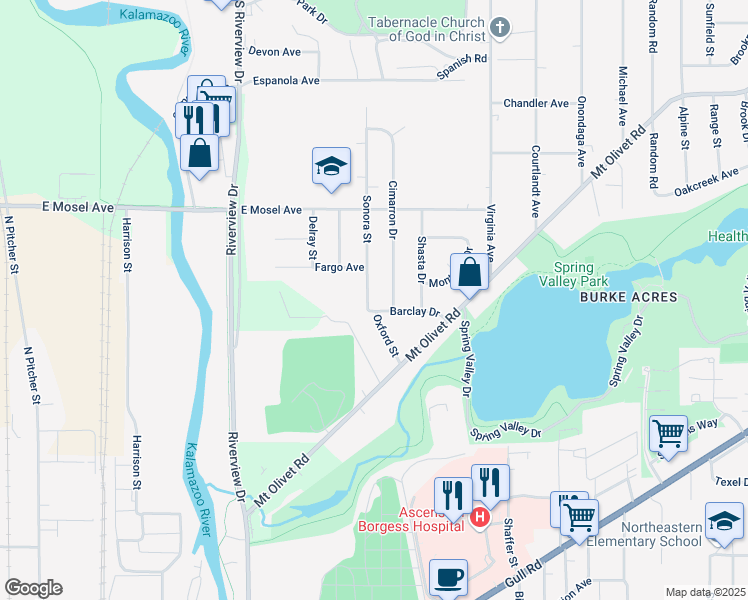 map of restaurants, bars, coffee shops, grocery stores, and more near 2346 Sonora Street in Kalamazoo