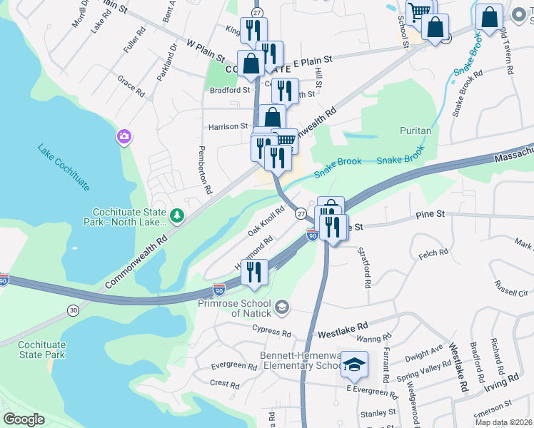 map of restaurants, bars, coffee shops, grocery stores, and more near 7 1/2 Oak Knoll Rd in Natick