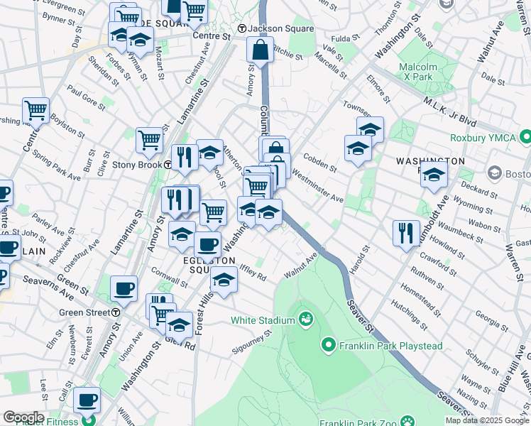 map of restaurants, bars, coffee shops, grocery stores, and more near 7 Weld Avenue in Boston
