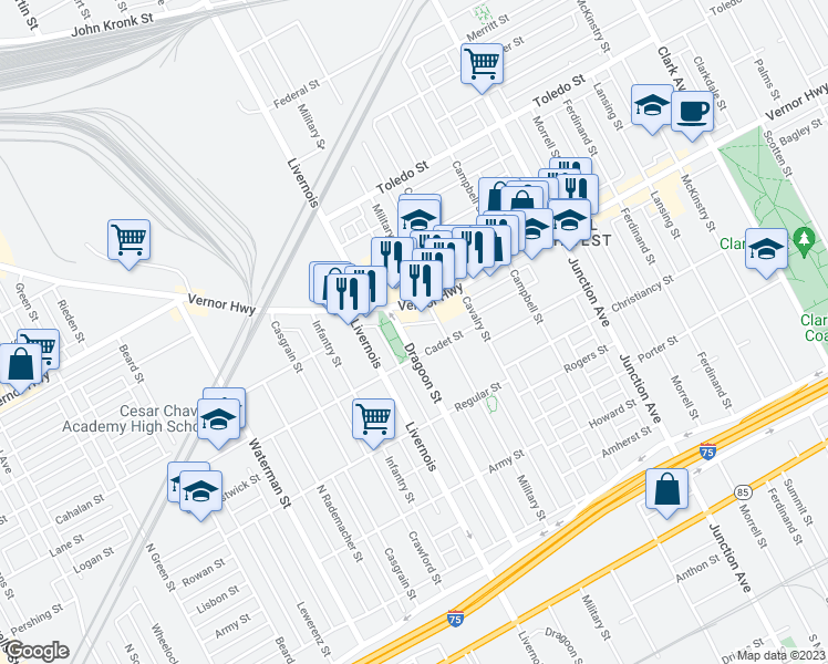 map of restaurants, bars, coffee shops, grocery stores, and more near 1766 Dragoon Street in Detroit