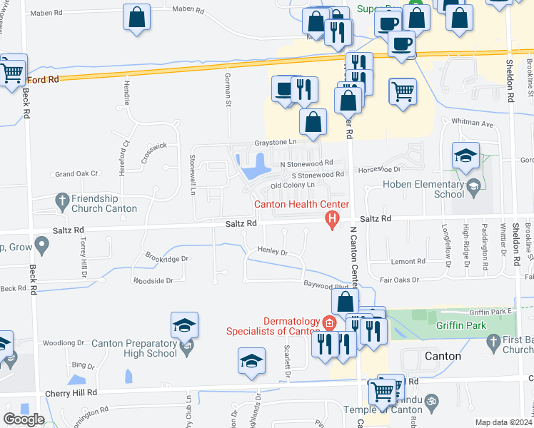 map of restaurants, bars, coffee shops, grocery stores, and more near 45940 Saltz Rd in Canton