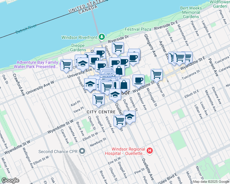map of restaurants, bars, coffee shops, grocery stores, and more near 530 Ouellette Avenue in Windsor