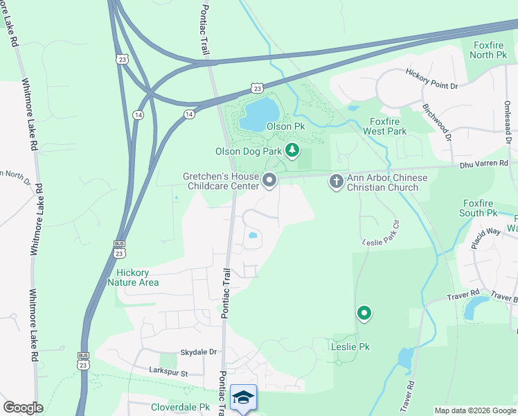 map of restaurants, bars, coffee shops, grocery stores, and more near 2903 North Knightsbridge Circle in Ann Arbor