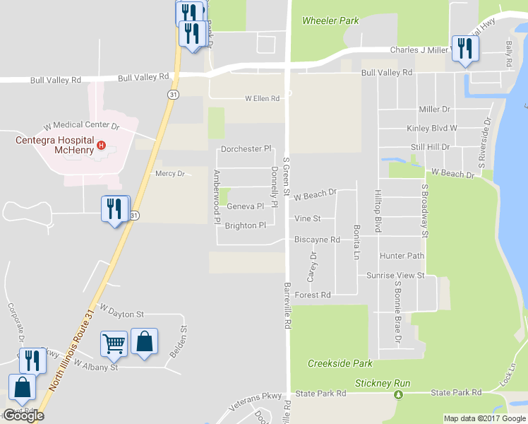 map of restaurants, bars, coffee shops, grocery stores, and more near 3607 Geneva Place in McHenry