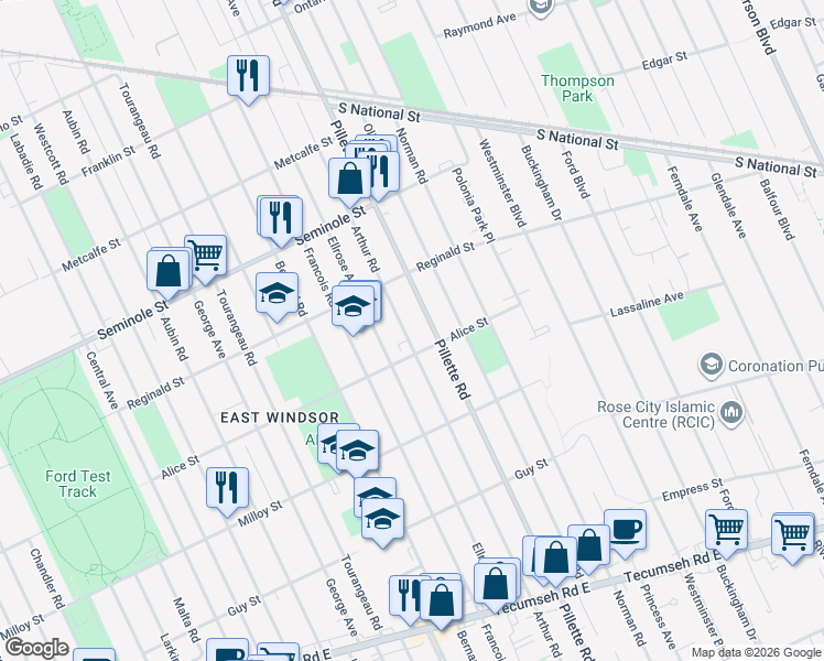 map of restaurants, bars, coffee shops, grocery stores, and more near 1670 Arthur Road in Windsor