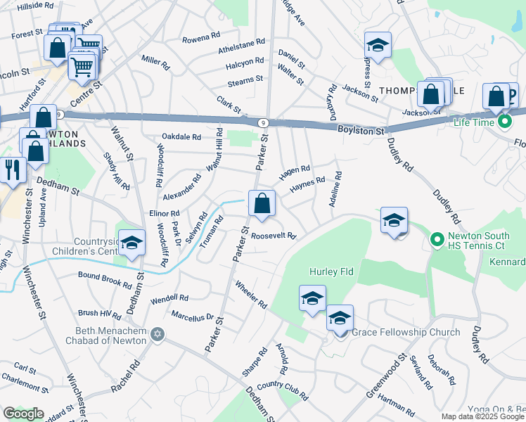 map of restaurants, bars, coffee shops, grocery stores, and more near 25 David Road in Newton