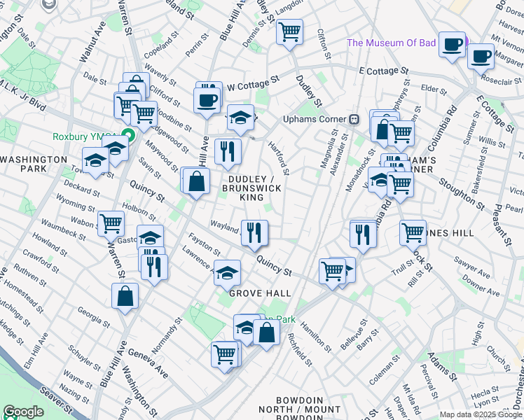 map of restaurants, bars, coffee shops, grocery stores, and more near 96 Woodledge Street in Boston