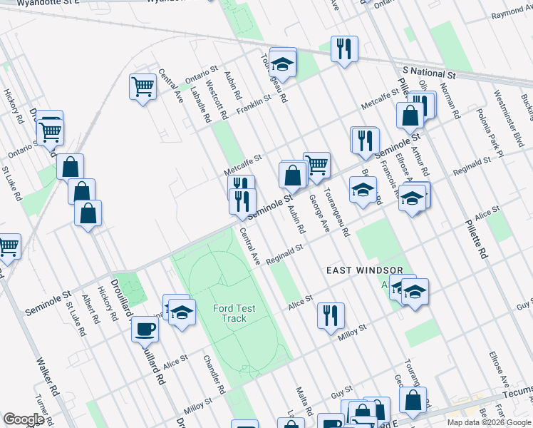 map of restaurants, bars, coffee shops, grocery stores, and more near 1505 Westcott Road in Windsor