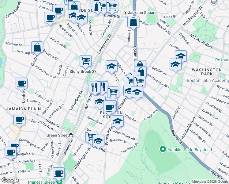 map of restaurants, bars, coffee shops, grocery stores, and more near 16 Dalrymple Street in Boston