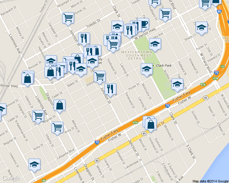 map of restaurants, bars, coffee shops, grocery stores, and more near 1439 Morrell Street in Detroit