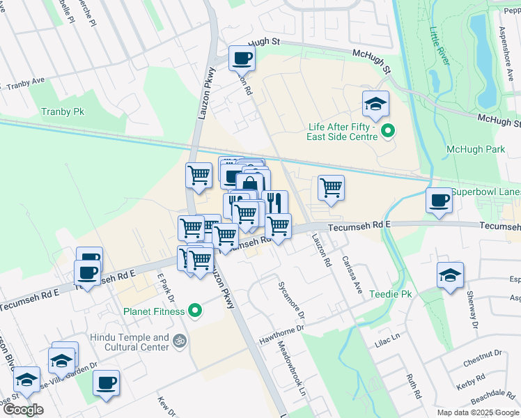 map of restaurants, bars, coffee shops, grocery stores, and more near 7720 Tecumseh Road East in Windsor