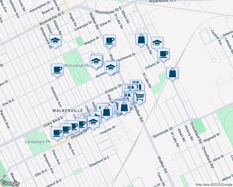 map of restaurants, bars, coffee shops, grocery stores, and more near in Windsor