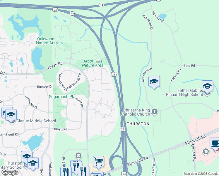 map of restaurants, bars, coffee shops, grocery stores, and more near 3408 Burbank Drive in Ann Arbor