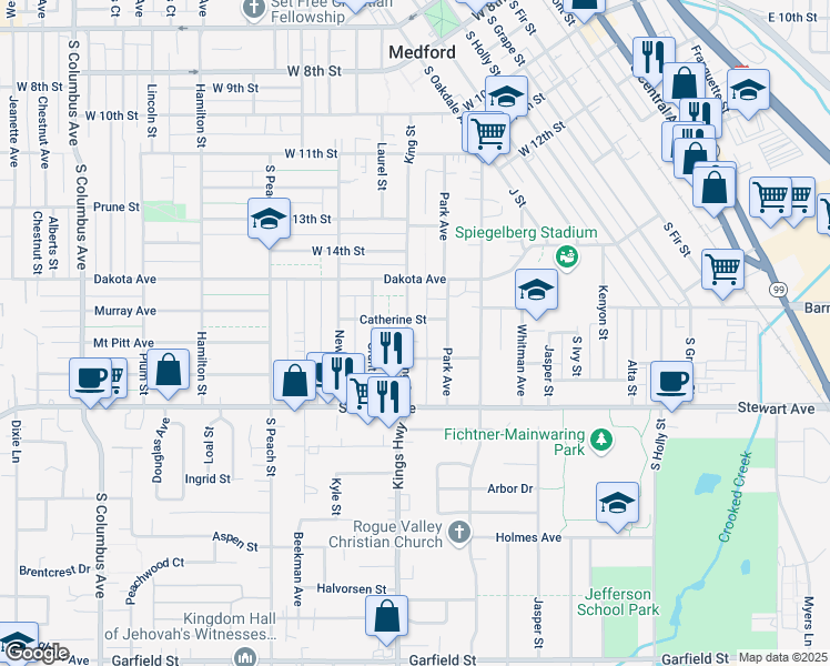 map of restaurants, bars, coffee shops, grocery stores, and more near 809 King Street in Medford