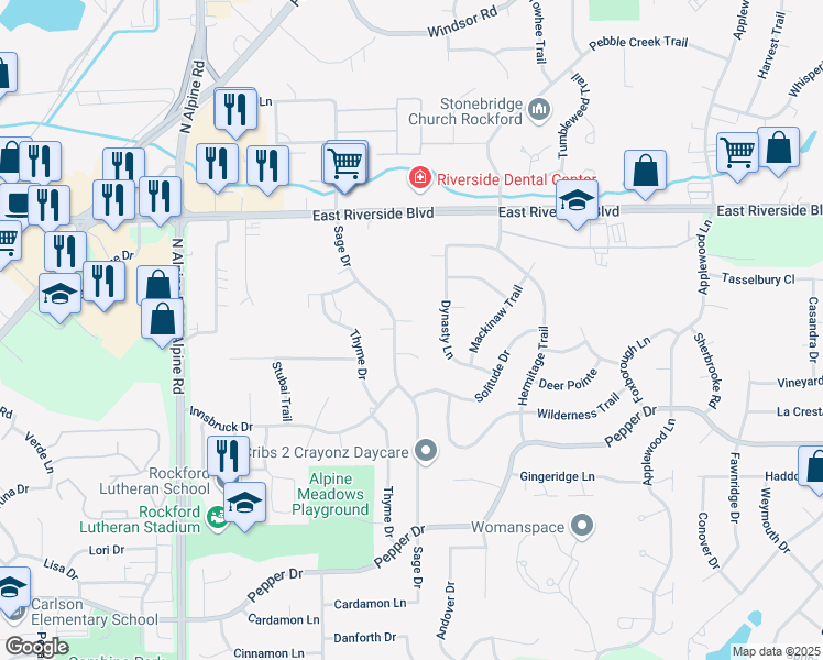 map of restaurants, bars, coffee shops, grocery stores, and more near 4975 Christy Circle in Rockford