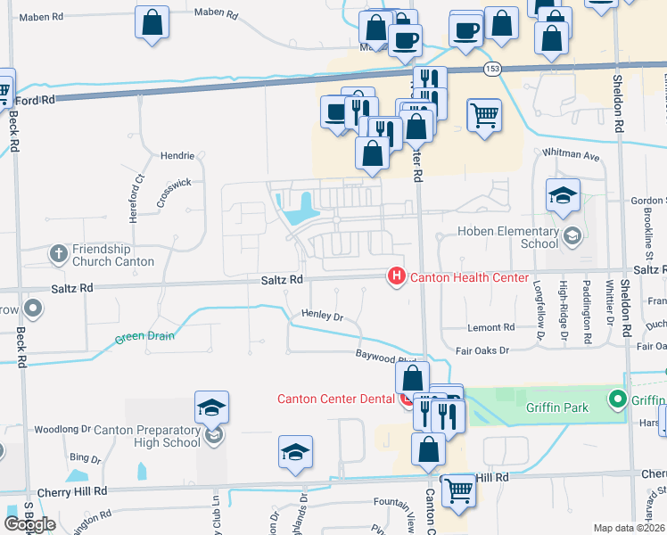 map of restaurants, bars, coffee shops, grocery stores, and more near 46089 Saltz Road in Canton