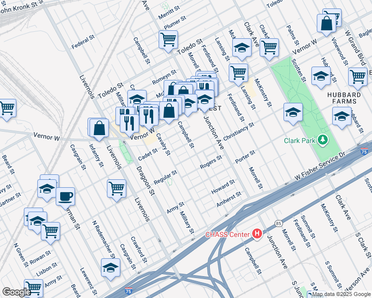 map of restaurants, bars, coffee shops, grocery stores, and more near 5831 Eldred Street in Detroit