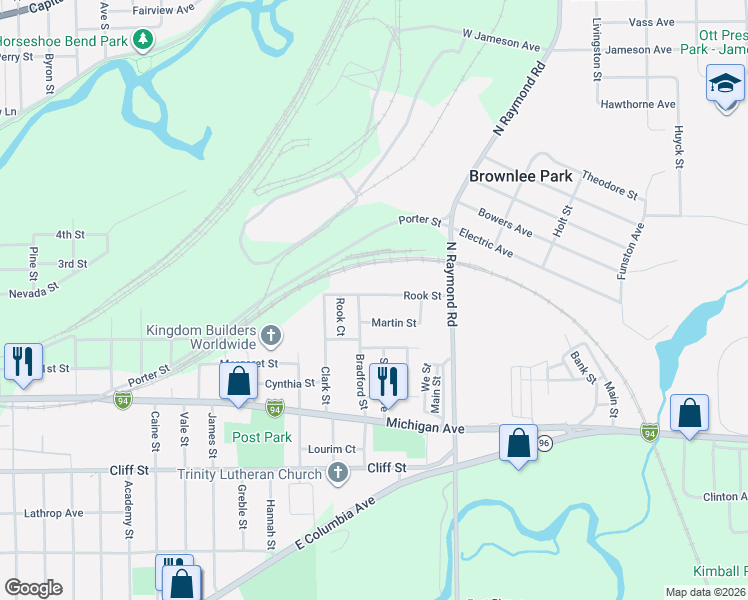 map of restaurants, bars, coffee shops, grocery stores, and more near 146 Rook Street in Battle Creek
