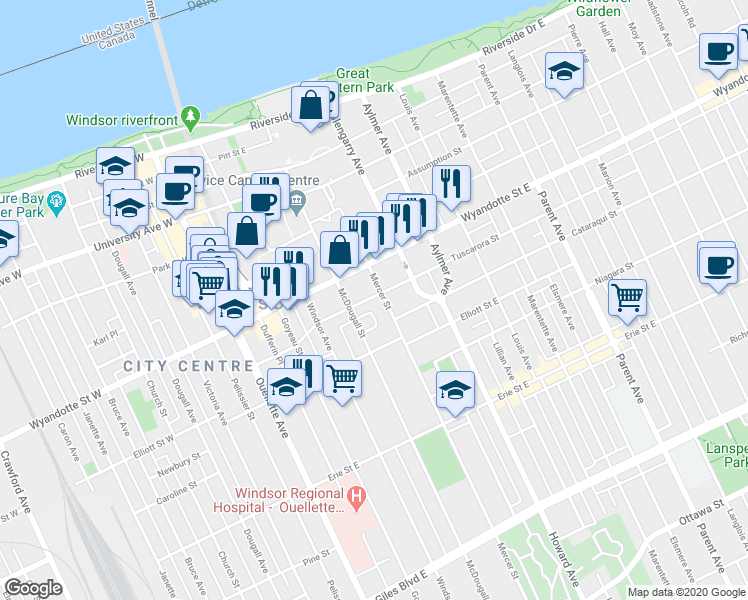 map of restaurants, bars, coffee shops, grocery stores, and more near 379 Tuscarora Street in Windsor