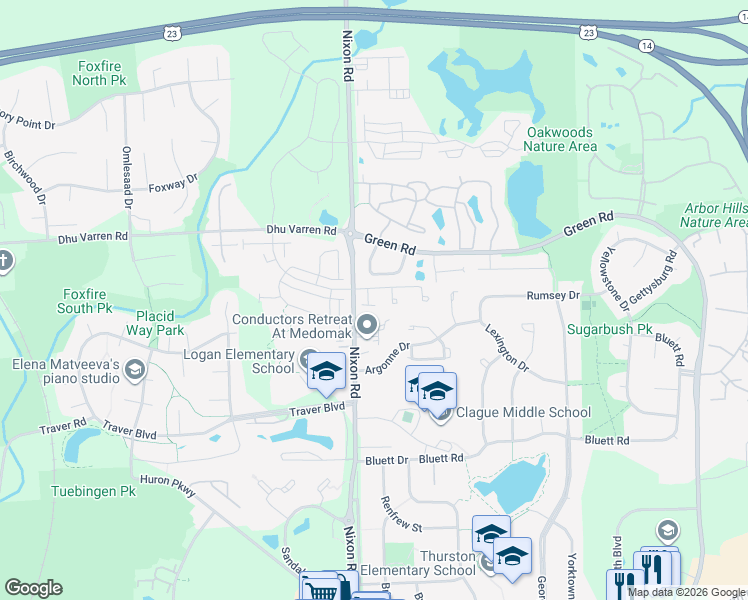 map of restaurants, bars, coffee shops, grocery stores, and more near 11 Haverhill Court in Ann Arbor