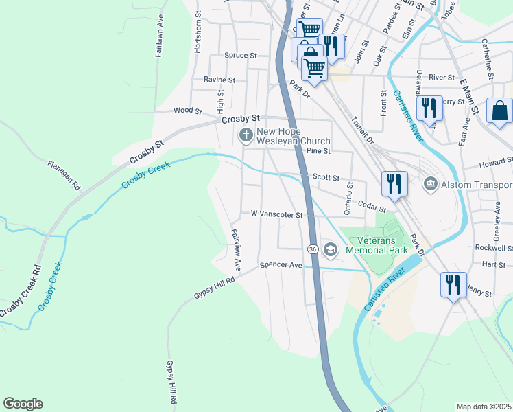 map of restaurants, bars, coffee shops, grocery stores, and more near 395 South Division Street in Hornell