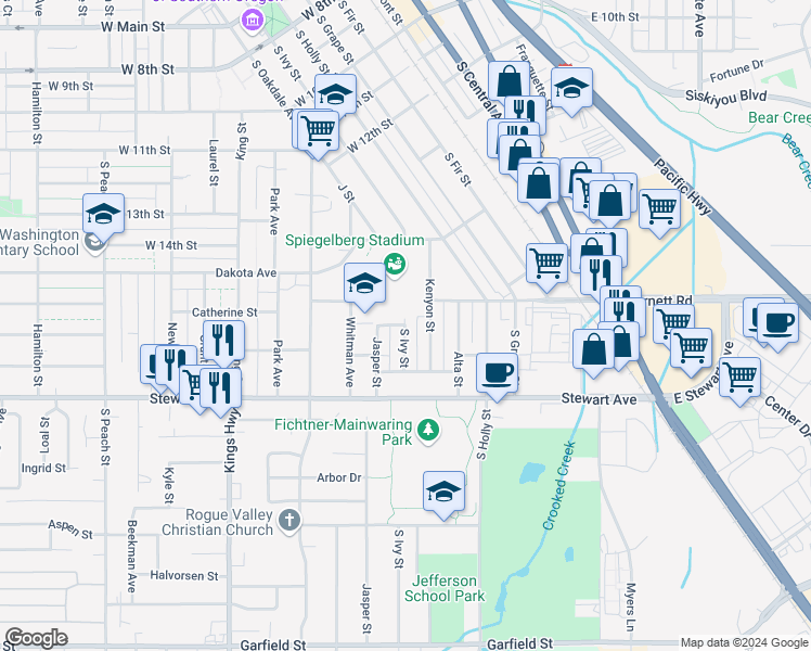 map of restaurants, bars, coffee shops, grocery stores, and more near 921 South Ivy Street in Medford