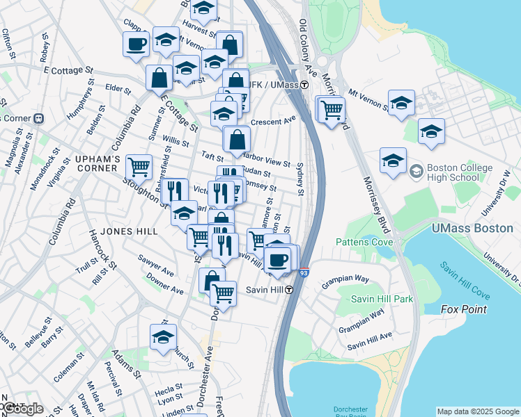 map of restaurants, bars, coffee shops, grocery stores, and more near 39 Belfort Street in Boston
