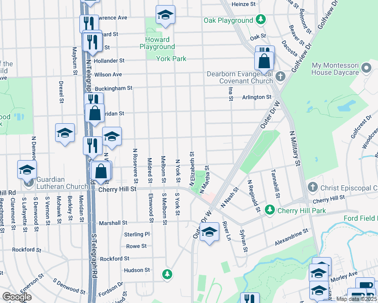 map of restaurants, bars, coffee shops, grocery stores, and more near 501 North Elizabeth Street in Dearborn