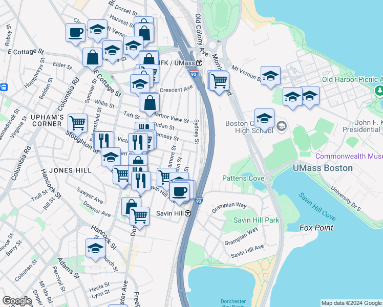map of restaurants, bars, coffee shops, grocery stores, and more near 79 Saxton Street in Boston