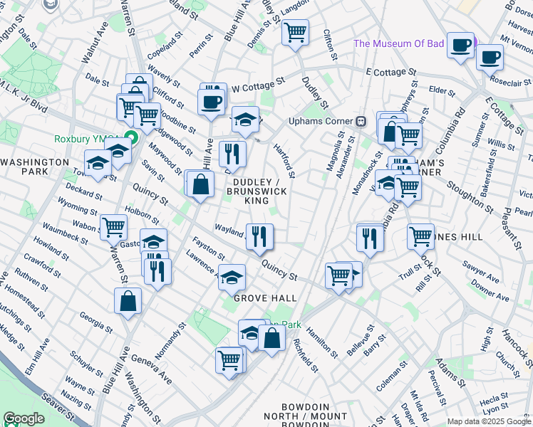 map of restaurants, bars, coffee shops, grocery stores, and more near 96 Woodledge Street in Boston