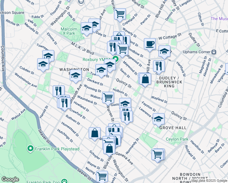 map of restaurants, bars, coffee shops, grocery stores, and more near 489 Warren Street in Boston