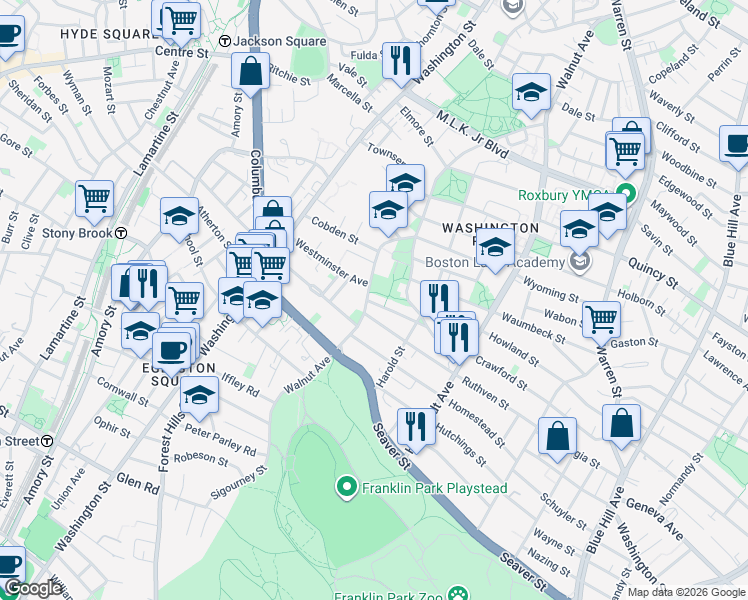 map of restaurants, bars, coffee shops, grocery stores, and more near 27 Hilton Terrace in Boston