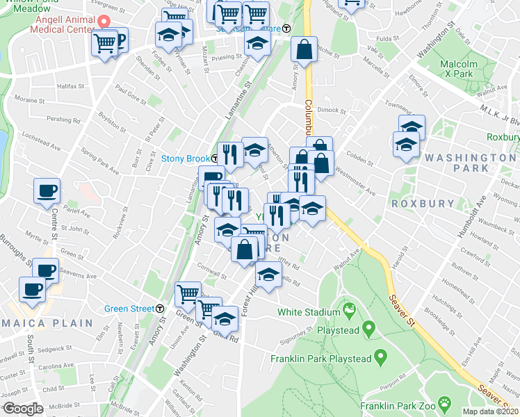 map of restaurants, bars, coffee shops, grocery stores, and more near 16 Dalrymple Street in Boston