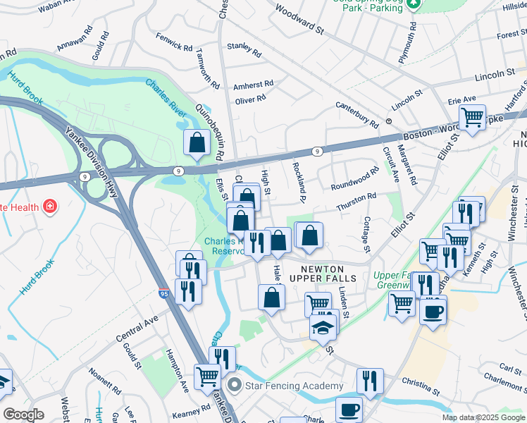 map of restaurants, bars, coffee shops, grocery stores, and more near 13 Winter Street in Newton