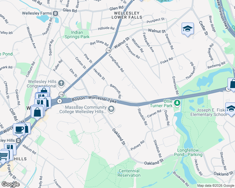 map of restaurants, bars, coffee shops, grocery stores, and more near 43 Bancroft Road in Wellesley