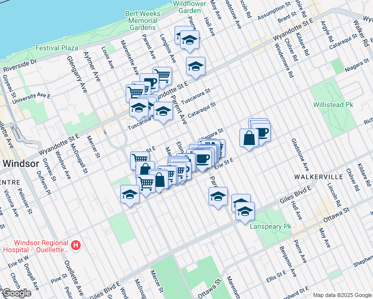 map of restaurants, bars, coffee shops, grocery stores, and more near in Windsor
