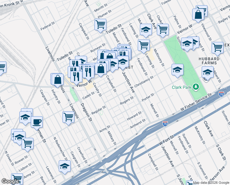 map of restaurants, bars, coffee shops, grocery stores, and more near 5831 Eldred Street in Detroit