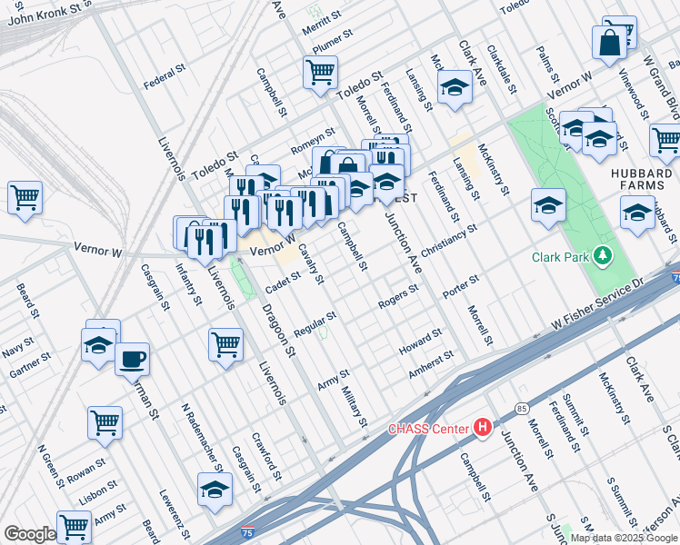 map of restaurants, bars, coffee shops, grocery stores, and more near 5831 Eldred Street in Detroit