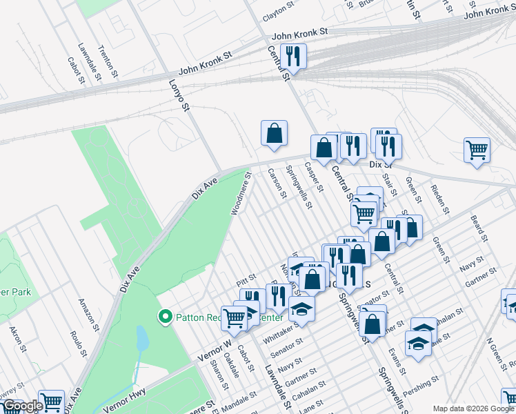 map of restaurants, bars, coffee shops, grocery stores, and more near 2705 Inglis Street in Detroit