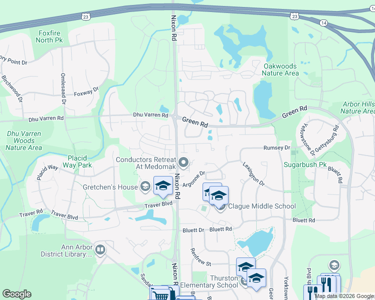 map of restaurants, bars, coffee shops, grocery stores, and more near 11 Haverhill Court in Ann Arbor