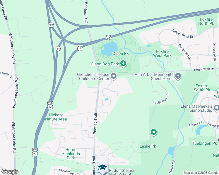 map of restaurants, bars, coffee shops, grocery stores, and more near 2901 North Knightsbridge Circle in Ann Arbor