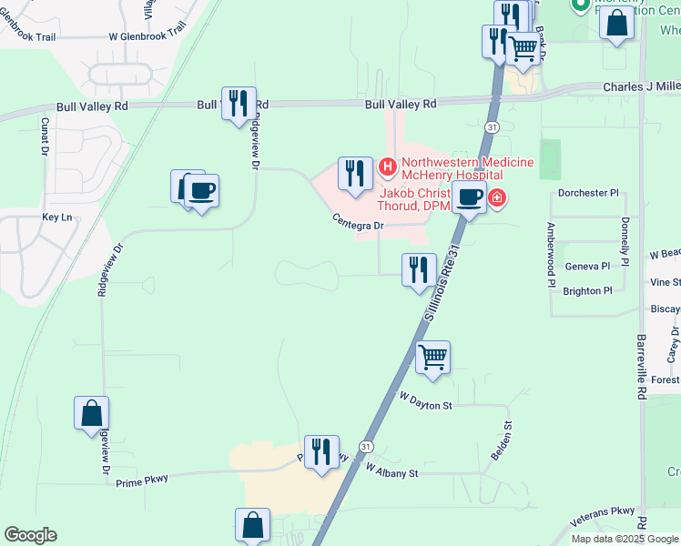 map of restaurants, bars, coffee shops, grocery stores, and more near 4300 West Shamrock Lane in McHenry