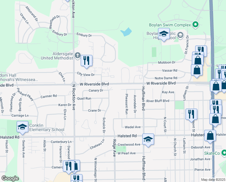 map of restaurants, bars, coffee shops, grocery stores, and more near 2016 Randolph Drive in Rockford