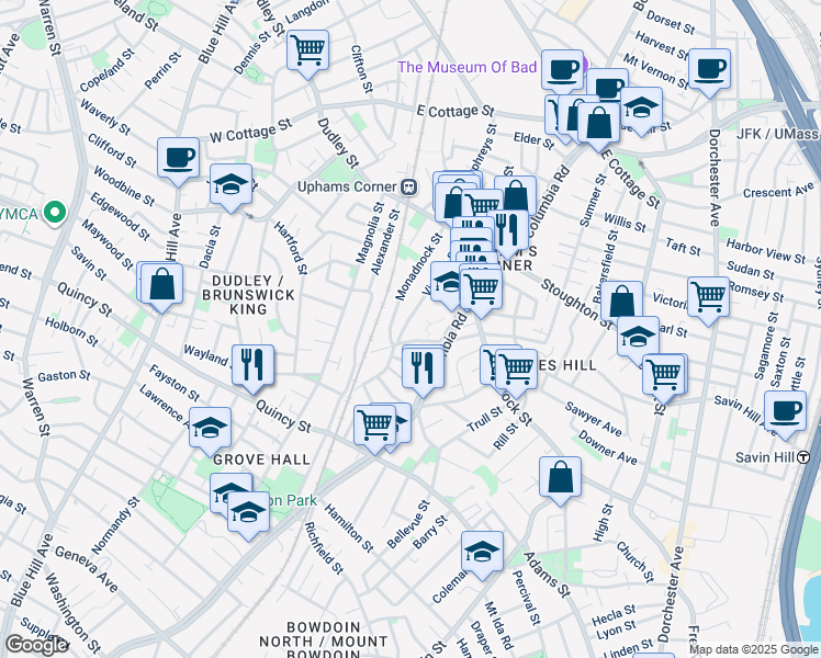 map of restaurants, bars, coffee shops, grocery stores, and more near 56 Virginia Street in Boston