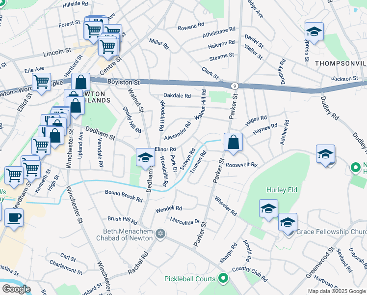 map of restaurants, bars, coffee shops, grocery stores, and more near 65 Elinor Road in Newton