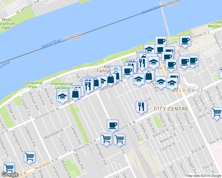 map of restaurants, bars, coffee shops, grocery stores, and more near 745 University Avenue West in Windsor