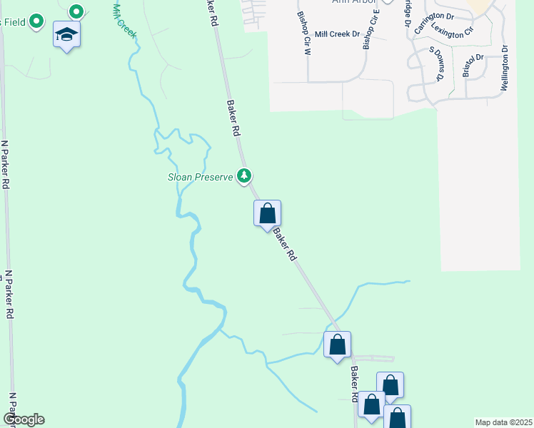 map of restaurants, bars, coffee shops, grocery stores, and more near 1780 Baker Road in Dexter