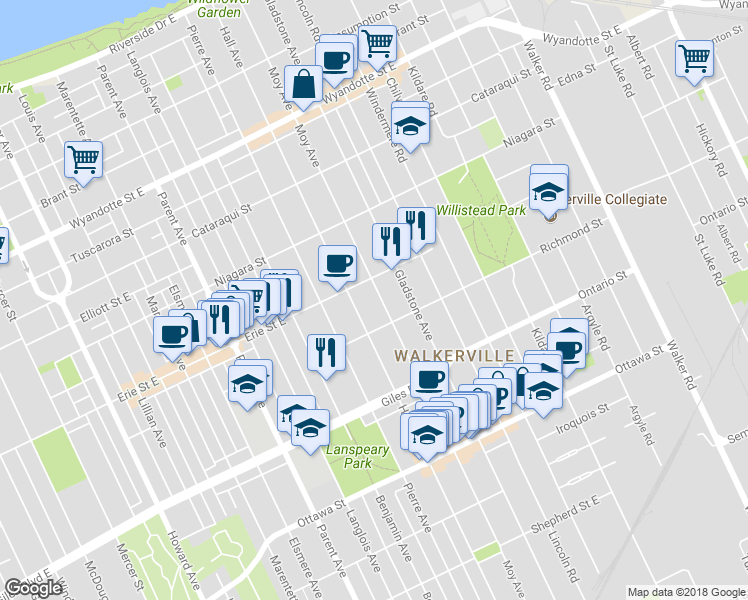 map of restaurants, bars, coffee shops, grocery stores, and more near 1043 Moy Avenue in Windsor