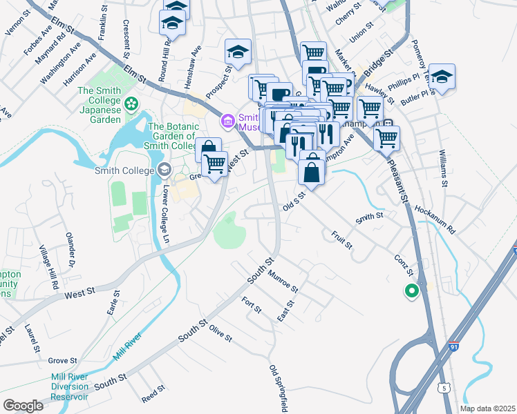 map of restaurants, bars, coffee shops, grocery stores, and more near 32 Clark Avenue in Northampton